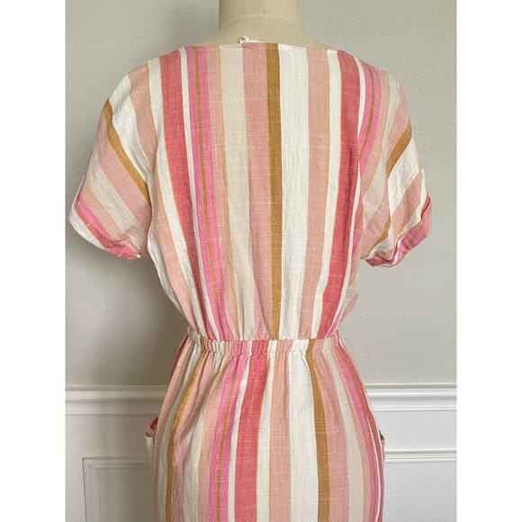 Lush Pink Striped Linen Button Front Tie Cut Out Midi Dress - Picture 6 of 8